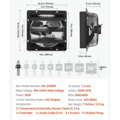 VEVOR 10 inch Shutter Exhaust Fan, Wall Mounted Attic Vent Fan with Smart Programming Variable Speed Temperature Control, 1000 CFM,EC Motor,Timer, for Shed,Garage,Greenhouse Ventilation Cooling,Black