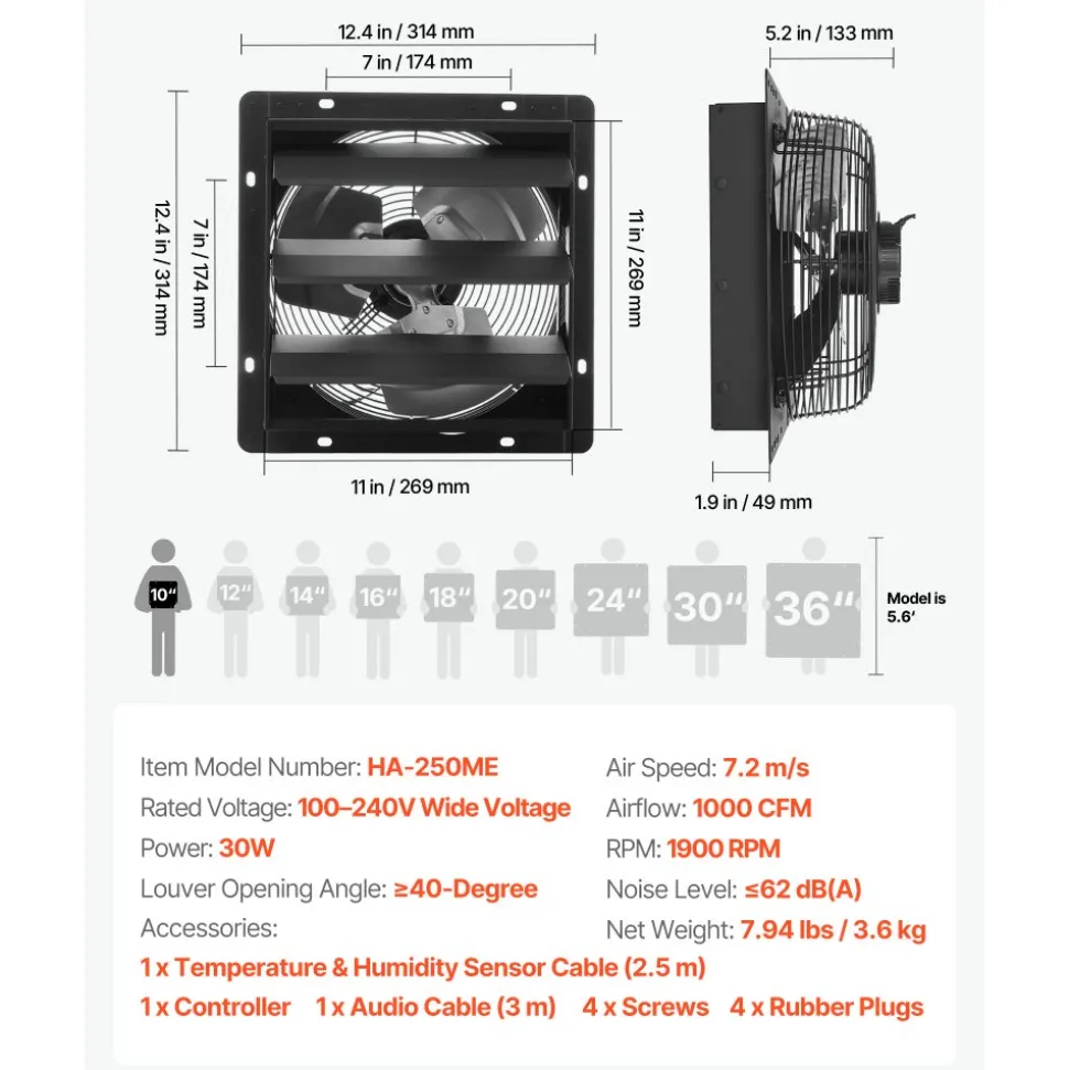 VEVOR 10 inch Shutter Exhaust Fan, Wall Mounted Attic Vent Fan with Smart Programming Variable Speed Temperature Control, 1000 CFM,EC Motor,Timer, for Shed,Garage,Greenhouse Ventilation Cooling,Black