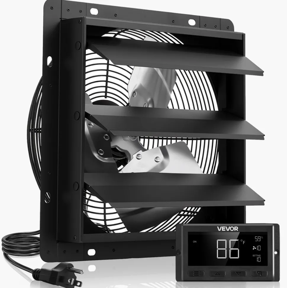 VEVOR 10 inch Shutter Exhaust Fan, Wall Mounted Attic Vent Fan with Smart Programming Variable Speed Temperature Control, 1000 CFM,EC Motor,Timer, for Shed,Garage,Greenhouse Ventilation Cooling,Black