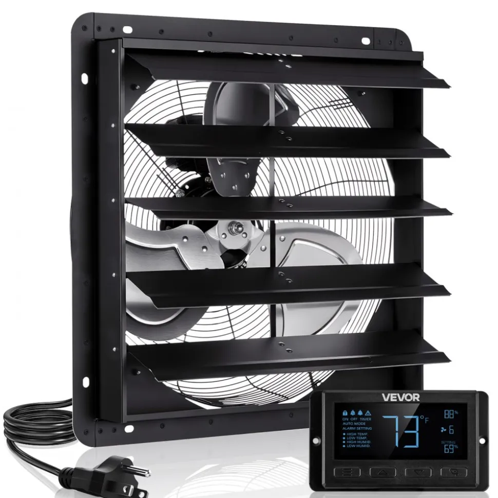 VEVOR 12 inch Shutter Exhaust Fan Wall-Mount Variable Speed Temperature, Automatic Louvers Sturdy Steel Housing, Low Noise, Ventilation and Cooling for Attic, Garage, Barn, Greenhouse, Workshop