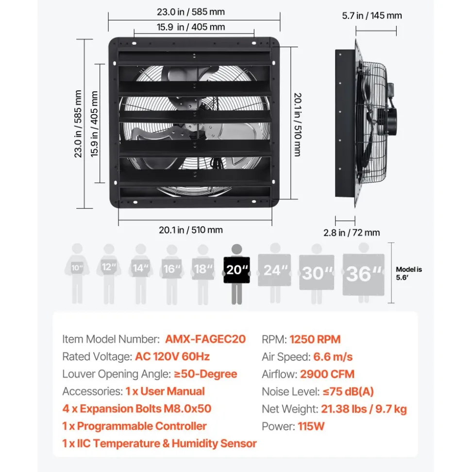 VEVOR 12 inch Shutter Exhaust Fan Wall-Mount Variable Speed Temperature, Automatic Louvers Sturdy Steel Housing, Low Noise, Ventilation and Cooling for Attic, Garage, Barn, Greenhouse, Workshop