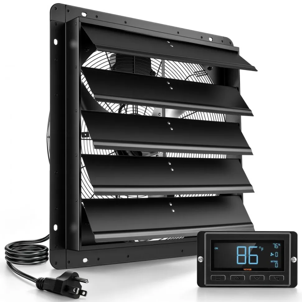 VEVOR 24 Inch Shutter Exhaust Fan Wall Mounted Automatic Louvers EC Motor, Steel Housing, Temperature & Humidity Controller, Ventilation & Cooling for Attic, Garage, Barn, Greenhouse, Workshop, Black