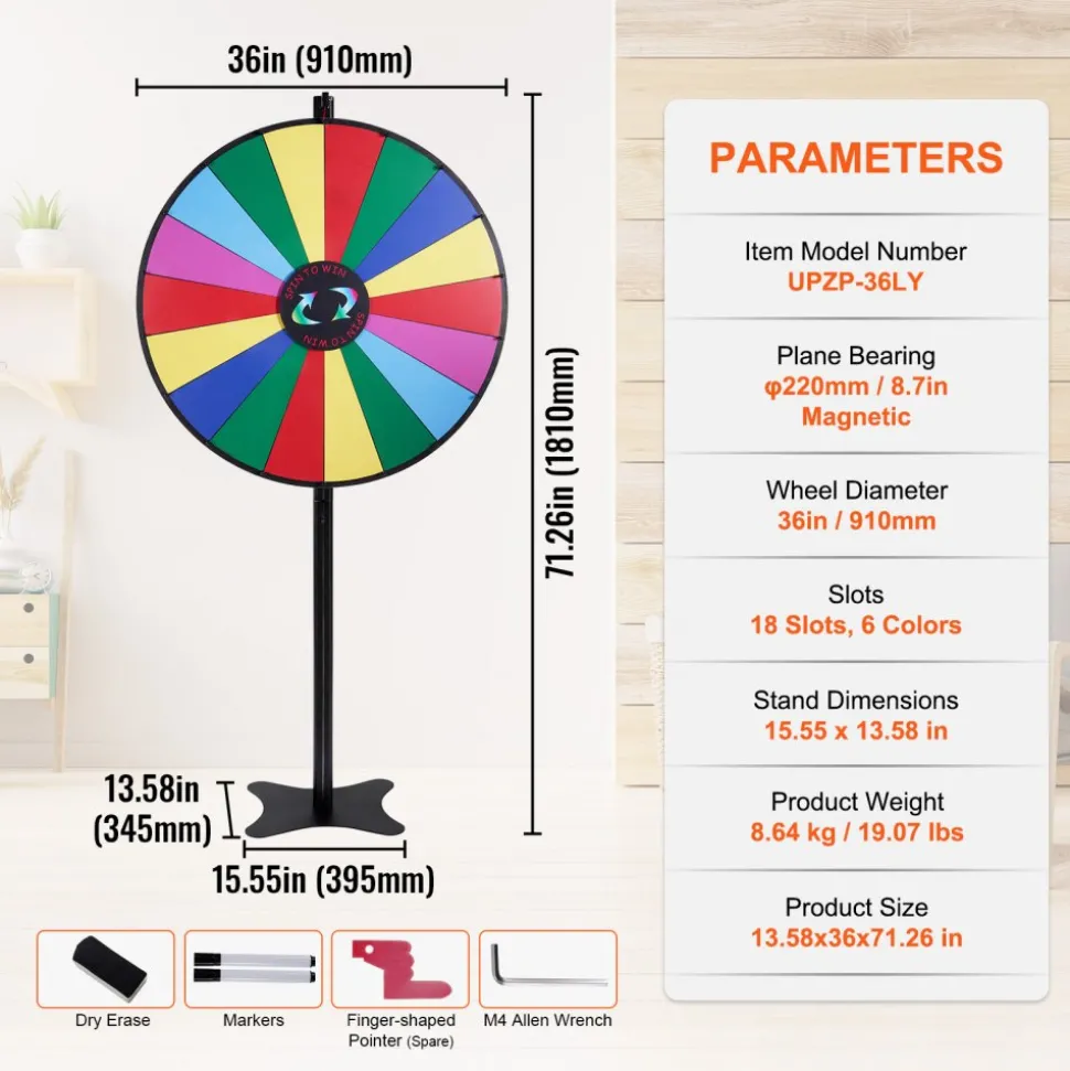 VEVOR 36 inch Spinning Prize Wheel, 18 Slots Spinning Wheel, Roulette Wheel with a Dry Erase and 2 Markers, Tabletop or Floor Standing Win Fortune Spin Games in Party Pub Trade Show Carnival