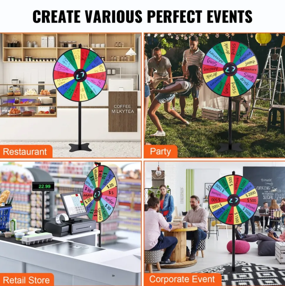 VEVOR 36 inch Spinning Prize Wheel, 18 Slots Spinning Wheel, Roulette Wheel with a Dry Erase and 2 Markers, Tabletop or Floor Standing Win Fortune Spin Games in Party Pub Trade Show Carnival