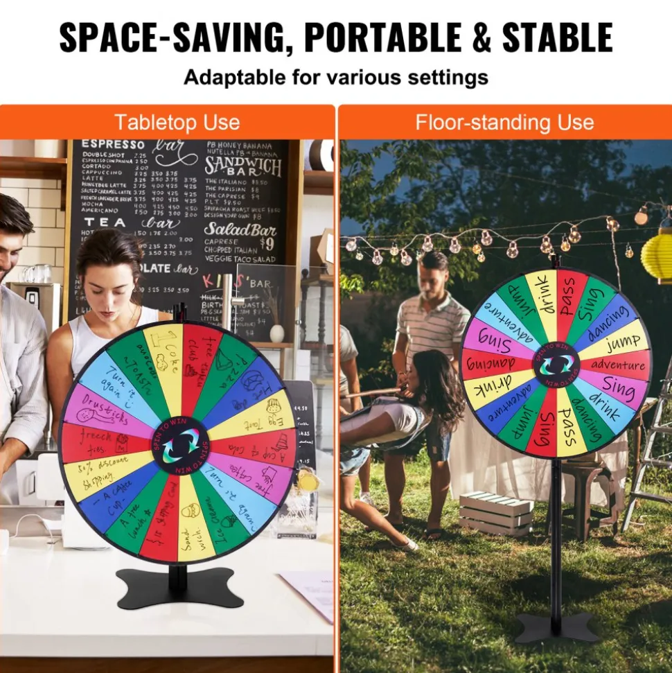 VEVOR 36 inch Spinning Prize Wheel, 18 Slots Spinning Wheel, Roulette Wheel with a Dry Erase and 2 Markers, Tabletop or Floor Standing Win Fortune Spin Games in Party Pub Trade Show Carnival