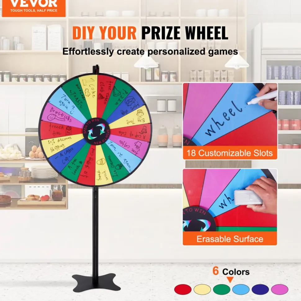 VEVOR 36 inch Spinning Prize Wheel, 18 Slots Spinning Wheel, Roulette Wheel with a Dry Erase and 2 Markers, Tabletop or Floor Standing Win Fortune Spin Games in Party Pub Trade Show Carnival