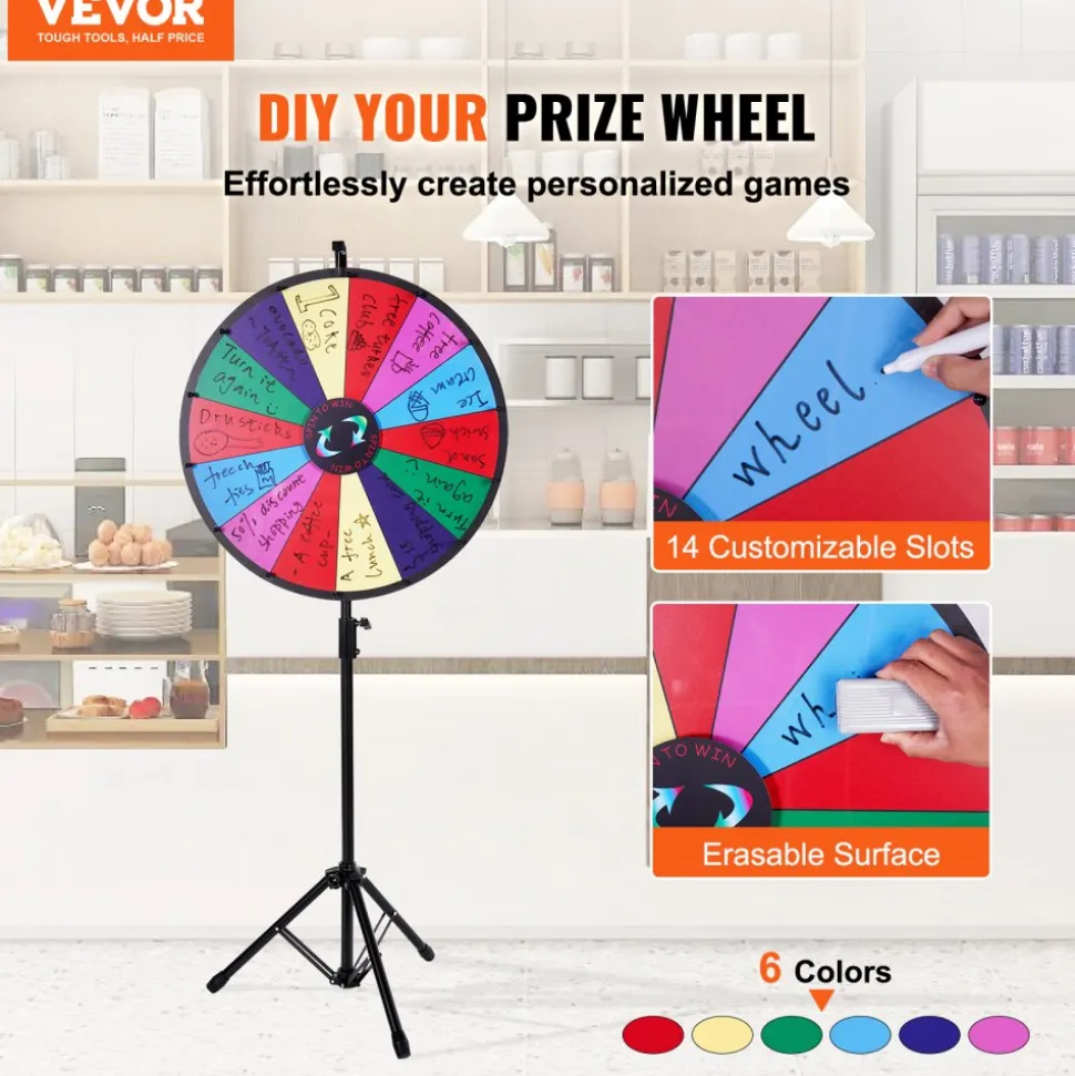 VEVOR 24 inch Spinning Prize Wheel, 14 Slots Spinning Wheel with Height Adjustable Stand, Roulette Wheel with a Dry Erase, and a Storage Bag, Win Fortune Spin Games in Party Pub Trade Show Carnival