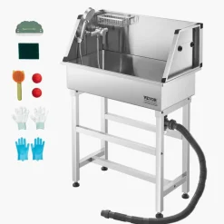 VEVOR 34 Inch Stainless Steel Dog Washing Station, Pet Grooming Tub with Hot & Cold Faucet, Showerhead, Storage Rack, No-Bend All-in-One Bathtub, Home Wash Sink, Fits Small Cats and Dogs