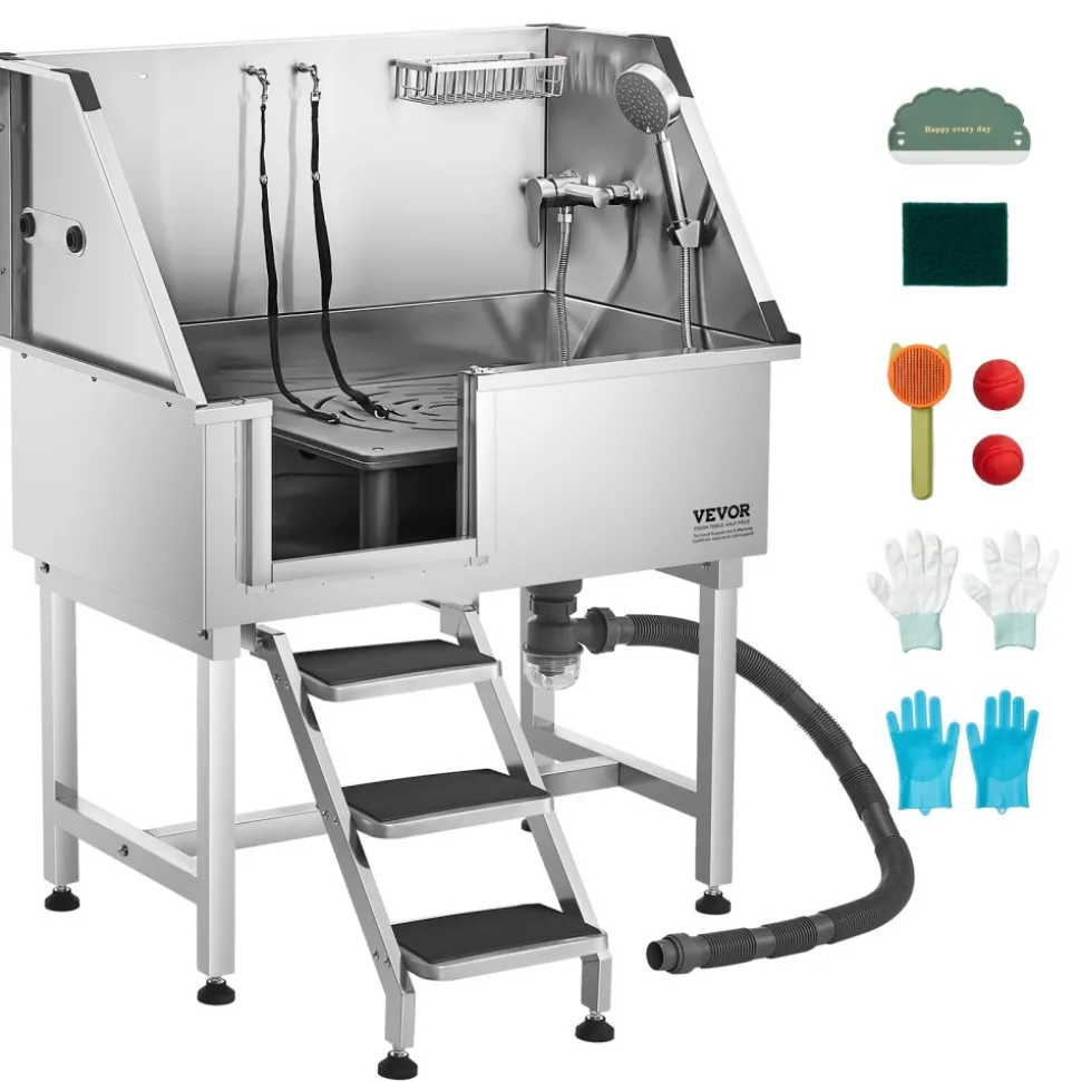 VEVOR 38 Inch Stainless Steel Dog Washing Station, Pet Grooming Tub with Hot & Cold Faucet, Showerhead, Home Wash Sink, Fits Small and Medium Cats and Dogs, Non-Slip Stairs (Left Door)