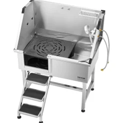 VEVOR 38 Inch Stainless Steel Dog Washing Station, Pet Grooming Tub with Hot & Cold Faucet, Showerhead, Home Wash Sink, Fits Small and Medium Cats and Dogs, Non-Slip Stairs (Left Door)