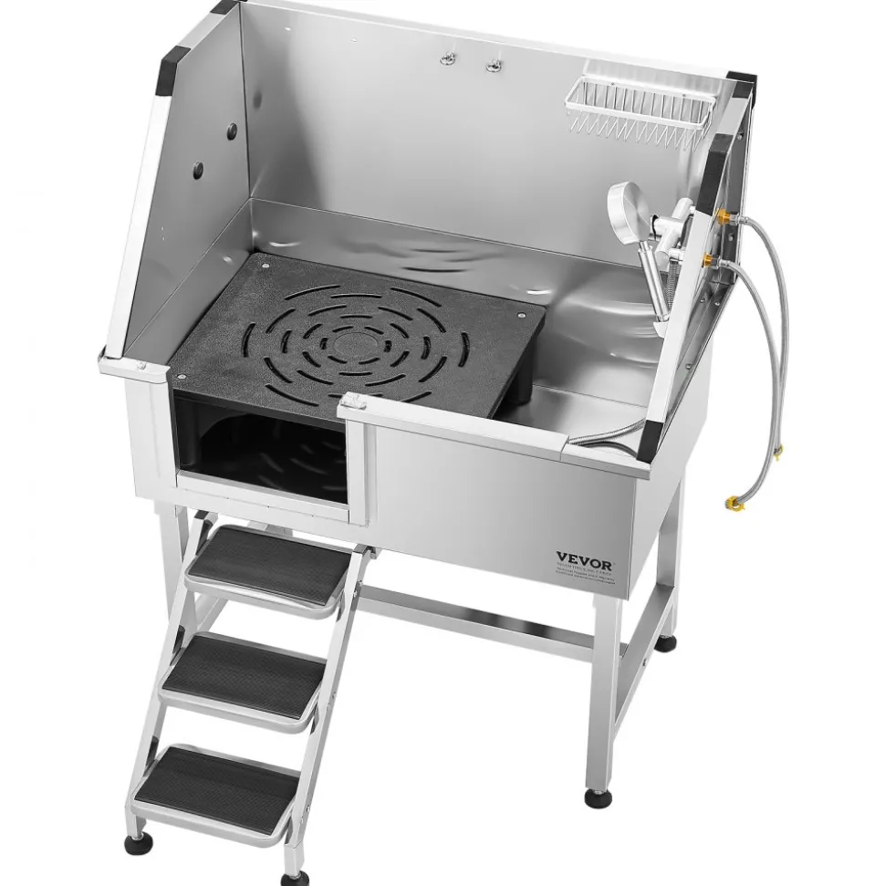 VEVOR 38 Inch Stainless Steel Dog Washing Station, Pet Grooming Tub with Hot & Cold Faucet, Showerhead, Home Wash Sink, Fits Small and Medium Cats and Dogs, Non-Slip Stairs (Left Door)