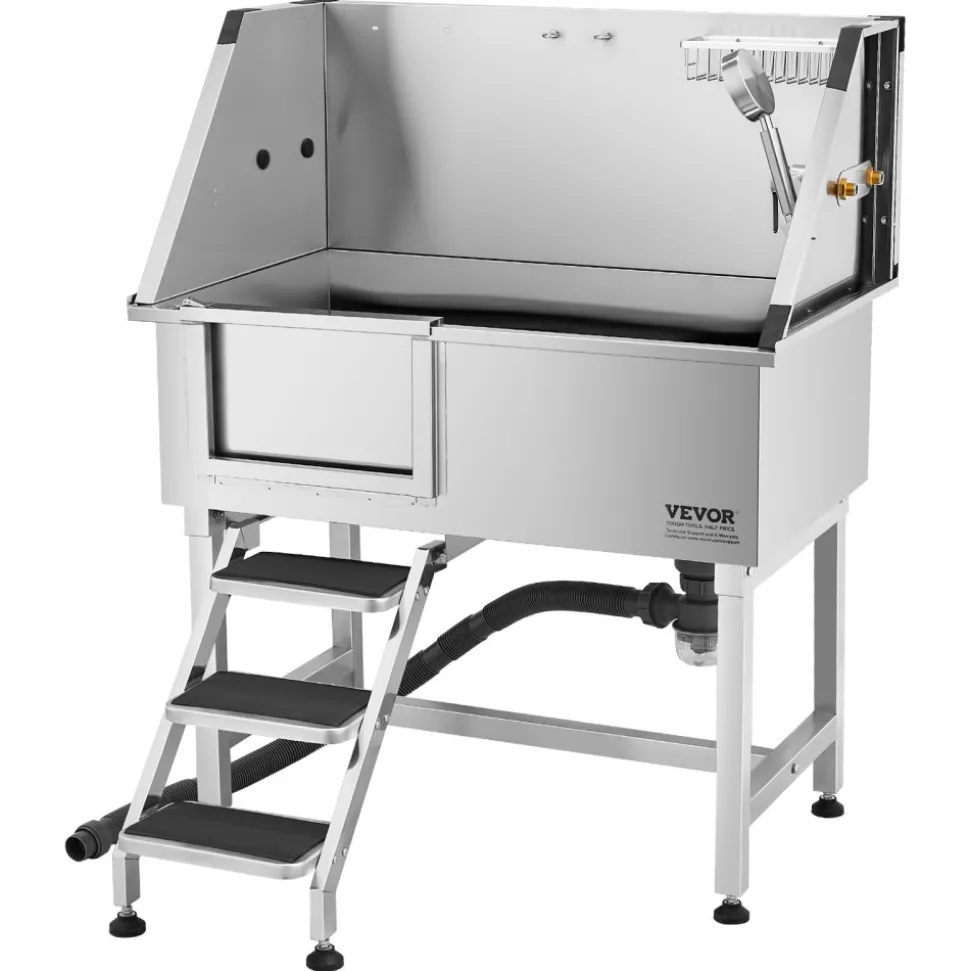 VEVOR 38 Inch Stainless Steel Dog Washing Station, Pet Grooming Tub with Hot & Cold Faucet, Showerhead, Home Wash Sink, Fits Small and Medium Cats and Dogs, Non-Slip Stairs (Left Door)
