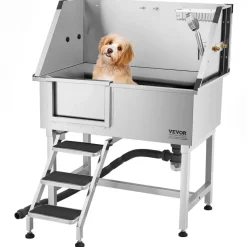 VEVOR 38 Inch Stainless Steel Dog Washing Station, Pet Grooming Tub with Hot & Cold Faucet, Showerhead, Home Wash Sink, Fits Small and Medium Cats and Dogs, Non-Slip Stairs (Left Door)