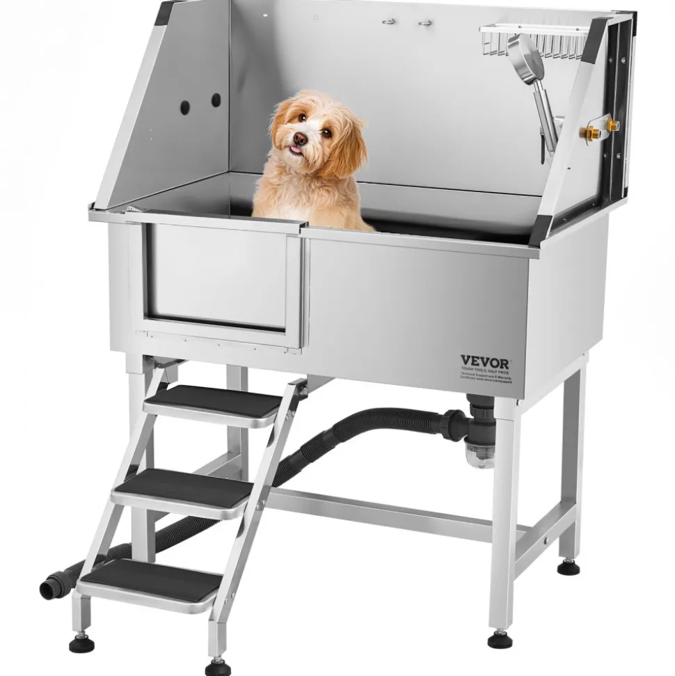 VEVOR 38 Inch Stainless Steel Dog Washing Station, Pet Grooming Tub with Hot & Cold Faucet, Showerhead, Home Wash Sink, Fits Small and Medium Cats and Dogs, Non-Slip Stairs (Left Door)
