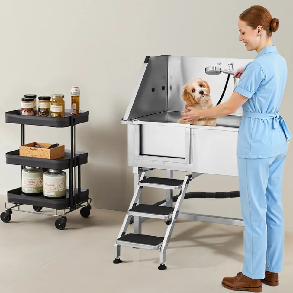 VEVOR 38 Inch Stainless Steel Dog Washing Station, Pet Grooming Tub with Hot & Cold Faucet, Showerhead, Home Wash Sink, Fits Small and Medium Cats and Dogs, Non-Slip Stairs (Left Door)