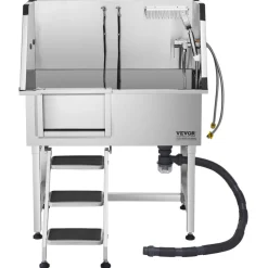 VEVOR 38 Inch Stainless Steel Dog Washing Station, Pet Grooming Tub with Hot & Cold Faucet, Showerhead, Home Wash Sink, Fits Small and Medium Cats and Dogs, Non-Slip Stairs (Left Door)