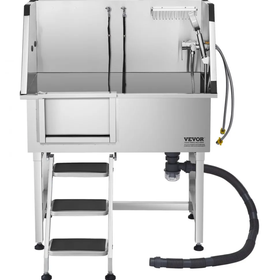 VEVOR 38 Inch Stainless Steel Dog Washing Station, Pet Grooming Tub with Hot & Cold Faucet, Showerhead, Home Wash Sink, Fits Small and Medium Cats and Dogs, Non-Slip Stairs (Left Door)