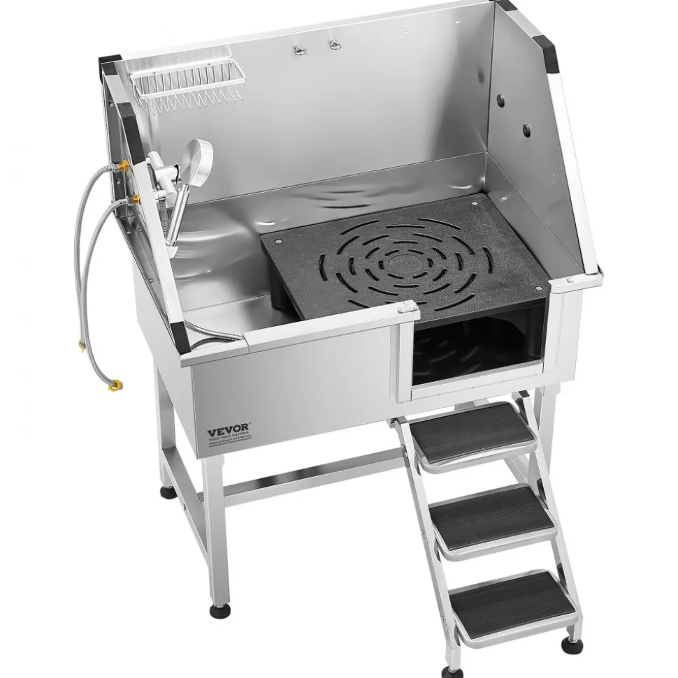 VEVOR 38 Inch Stainless Steel Dog Washing Station, Pet Grooming Tub with Hot & Cold Faucet, Showerhead, Home Wash Sink, Fits Small and Medium Cats and Dogs, Non-Slip Stairs (Right Door)