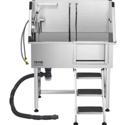 VEVOR 38 Inch Stainless Steel Dog Washing Station, Pet Grooming Tub with Hot & Cold Faucet, Showerhead, Home Wash Sink, Fits Small and Medium Cats and Dogs, Non-Slip Stairs (Right Door)