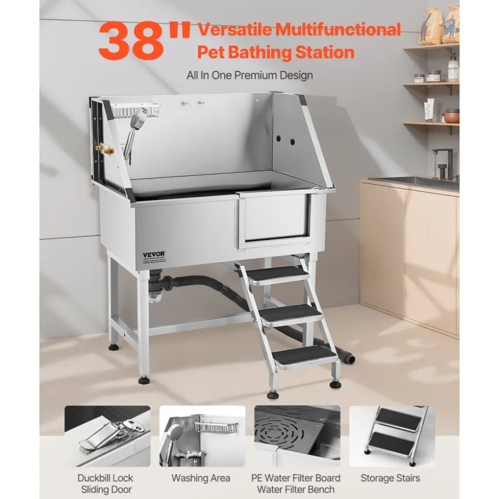 VEVOR 38 Inch Stainless Steel Dog Washing Station, Pet Grooming Tub with Hot & Cold Faucet, Showerhead, Home Wash Sink, Fits Small and Medium Cats and Dogs, Non-Slip Stairs (Right Door)