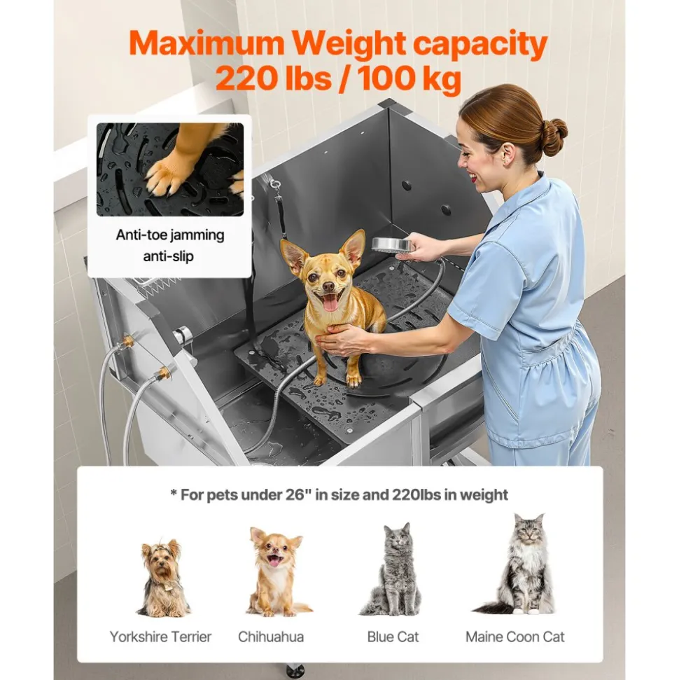 VEVOR 38 Inch Stainless Steel Dog Washing Station, Pet Grooming Tub with Hot & Cold Faucet, Showerhead, Home Wash Sink, Fits Small and Medium Cats and Dogs, Non-Slip Stairs (Right Door)