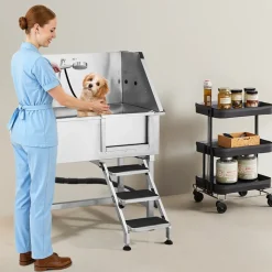 VEVOR 38 Inch Stainless Steel Dog Washing Station, Pet Grooming Tub with Hot & Cold Faucet, Showerhead, Home Wash Sink, Fits Small and Medium Cats and Dogs, Non-Slip Stairs (Right Door)