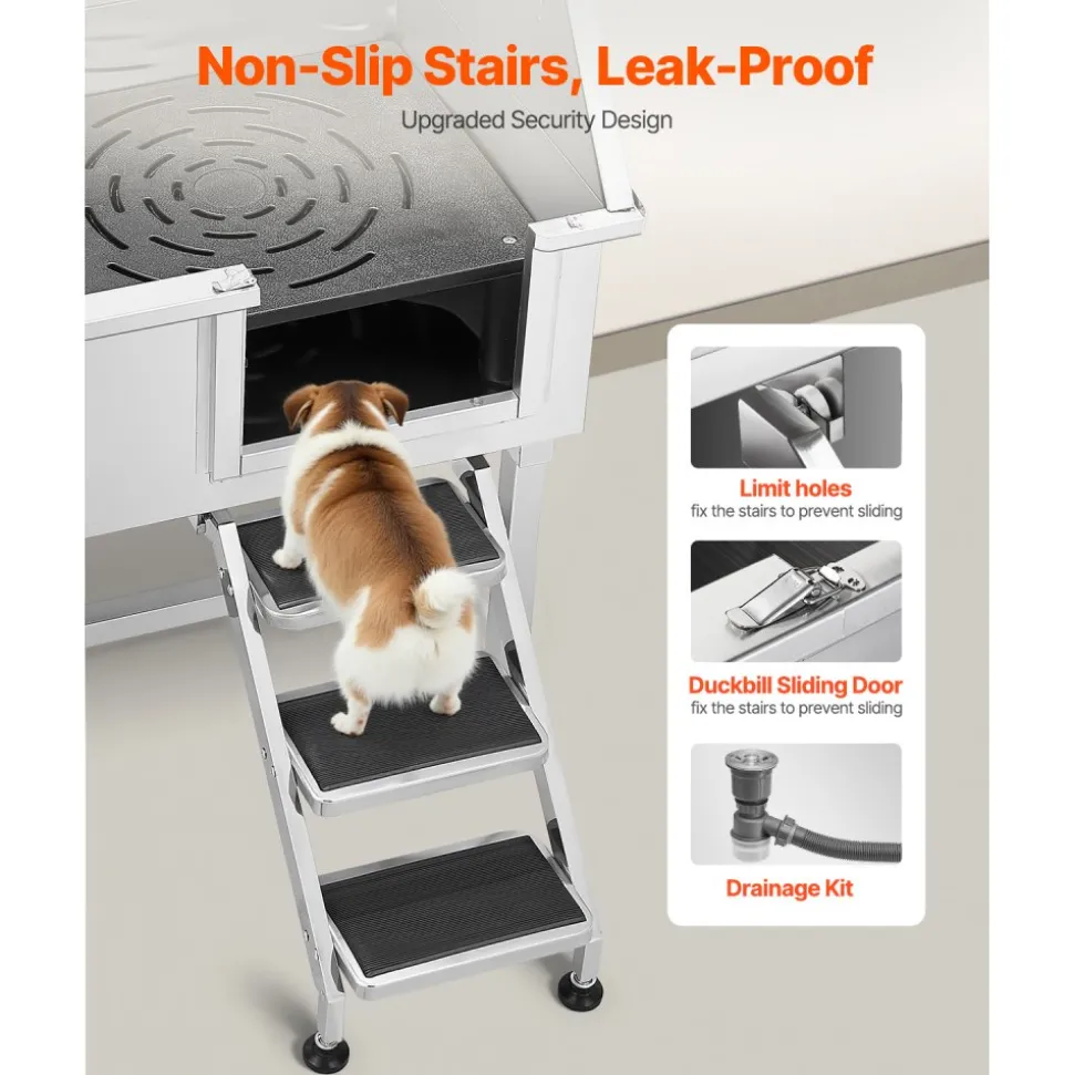 VEVOR 38 Inch Stainless Steel Dog Washing Station, Pet Grooming Tub with Hot & Cold Faucet, Showerhead, Home Wash Sink, Fits Small and Medium Cats and Dogs, Non-Slip Stairs (Right Door)