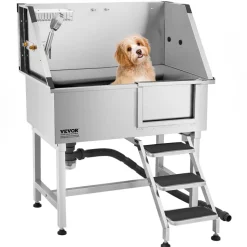 VEVOR 38 Inch Stainless Steel Dog Washing Station, Pet Grooming Tub with Hot & Cold Faucet, Showerhead, Home Wash Sink, Fits Small and Medium Cats and Dogs, Non-Slip Stairs (Right Door)