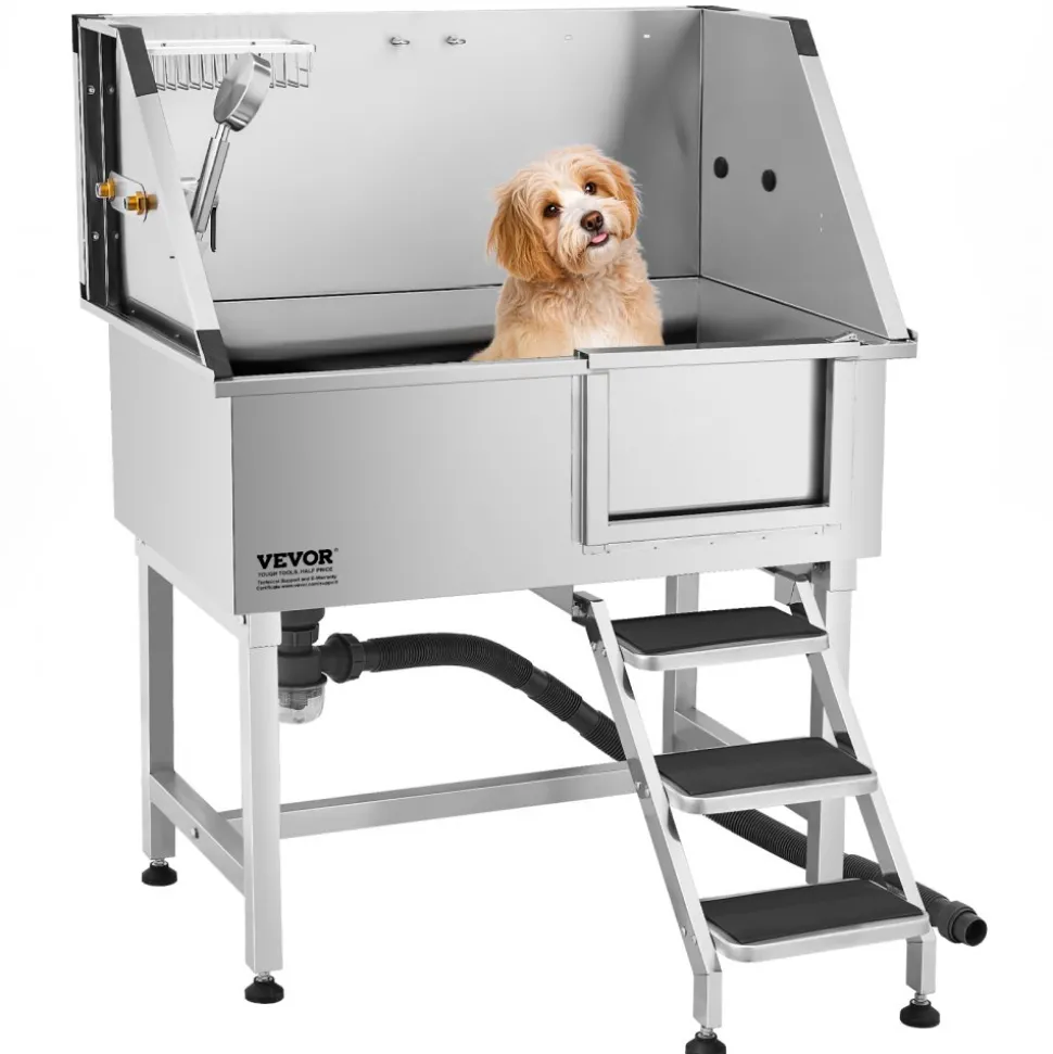 VEVOR 38 Inch Stainless Steel Dog Washing Station, Pet Grooming Tub with Hot & Cold Faucet, Showerhead, Home Wash Sink, Fits Small and Medium Cats and Dogs, Non-Slip Stairs (Right Door)
