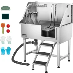 VEVOR 38 Inch Stainless Steel Dog Washing Station, Pet Grooming Tub with Hot & Cold Faucet, Showerhead, Home Wash Sink, Fits Small and Medium Cats and Dogs, Non-Slip Stairs (Right Door)