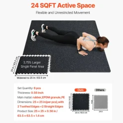 VEVOR 0.56 Inch Thick Gym Floor Mats, 6 Tiles Rubber Top with EVA Foam, 25" x 25" Gym Flooring Workout Mats with 25 sq.ft Coverage, Interlocking Puzzle Gym Mats for Gym, Home, Garage, Black & White