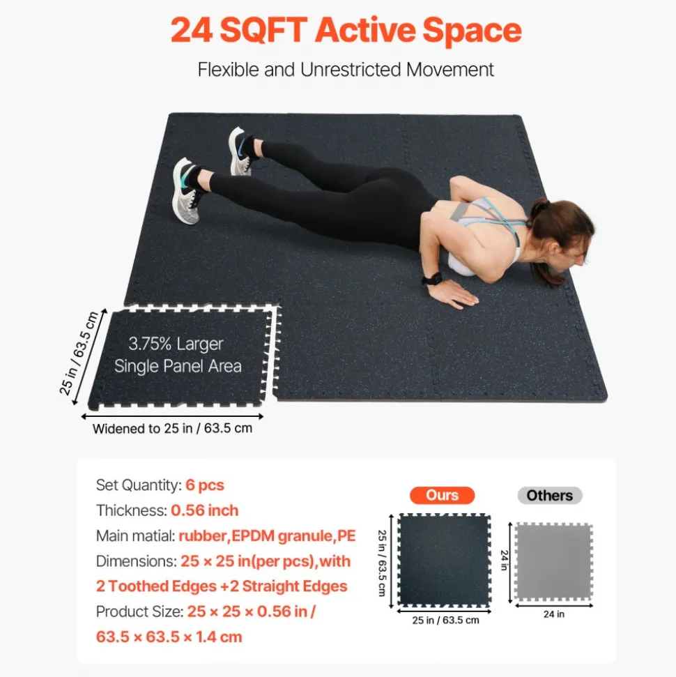 VEVOR 0.56 Inch Thick Gym Floor Mats, 6 Tiles Rubber Top with EVA Foam, 25" x 25" Gym Flooring Workout Mats with 25 sq.ft Coverage, Interlocking Puzzle Gym Mats for Gym, Home, Garage, Black & Blue