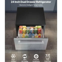 VEVOR 24 Inch Under Counter Drawer Refrigerator, Stainless Steel Dual Drawer Fridge with Temperature Control, Outdoor Refrigerator with Powerful Compressor & LED Display, Fit for Home, Office, etc.