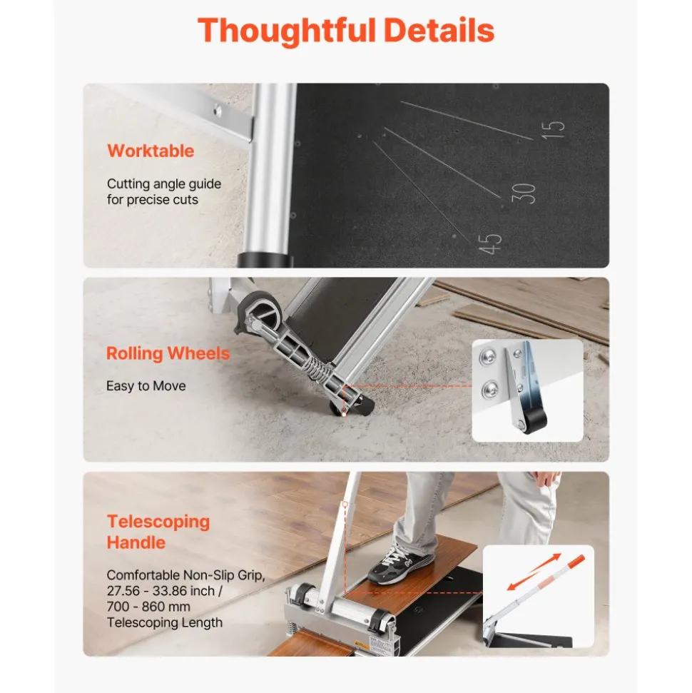 VEVOR 13 inch Vinyl Floor Cutter, 12mm Thick Laminate Flooring Cutter with 15°/30°/45° Adjustable Angle Settings, Flexible Wheels, Telescoping Handle, Certain Engineered Wood, LVT, VCT, SPC, LVP, WPC