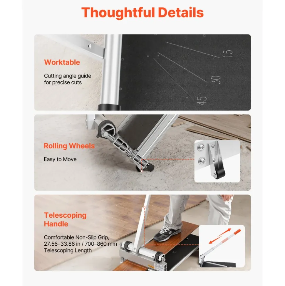VEVOR 13 inch Vinyl Floor Cutter, 16mm Thick Laminate Flooring Cutter with 15°/30°/45° Adjustable Angle Settings, Flexible Wheels, Telescoping Handle, Cuts Engineered Wood, LVT, VCT, SPC, LVP, WPC