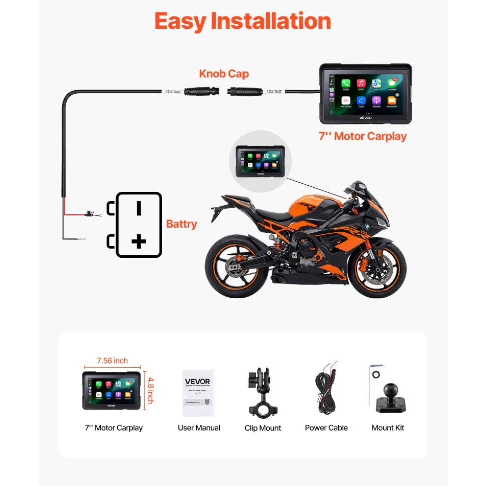 VEVOR 7 Inch Wireless Motorcycle Carplay with Apple Carplay & Android Auto, HD Touchscreen GPS Navigation System with Voice Control, Dual Bluetooth, Siri & Google Assistant, IP67 - Fit All Motorcycles