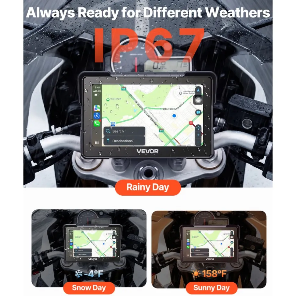 VEVOR 7 Inch Wireless Motorcycle Carplay with Apple Carplay & Android Auto, HD Touchscreen GPS Navigation System with Voice Control, Dual Bluetooth, Siri & Google Assistant, IP67 - Fit All Motorcycles