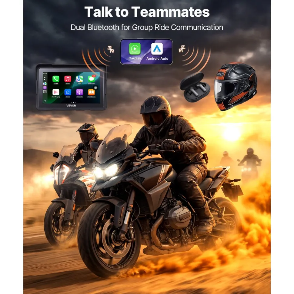VEVOR 7 Inch Wireless Motorcycle Carplay with Apple Carplay & Android Auto, HD Touchscreen GPS Navigation System with Voice Control, Dual Bluetooth, Siri & Google Assistant, IP67 - Fit All Motorcycles