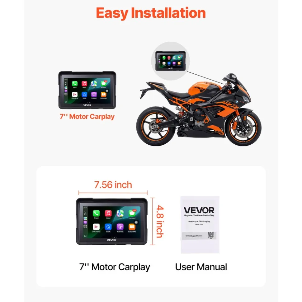 VEVOR 7 Inch Wireless Motorcycle Carplay with Apple Carplay & Android Auto, HD Touchscreen GPS Navigation System with Dual Bluetooth, Siri/Google Voice Assistant, IP67, Compatible with BMW Motorcycles