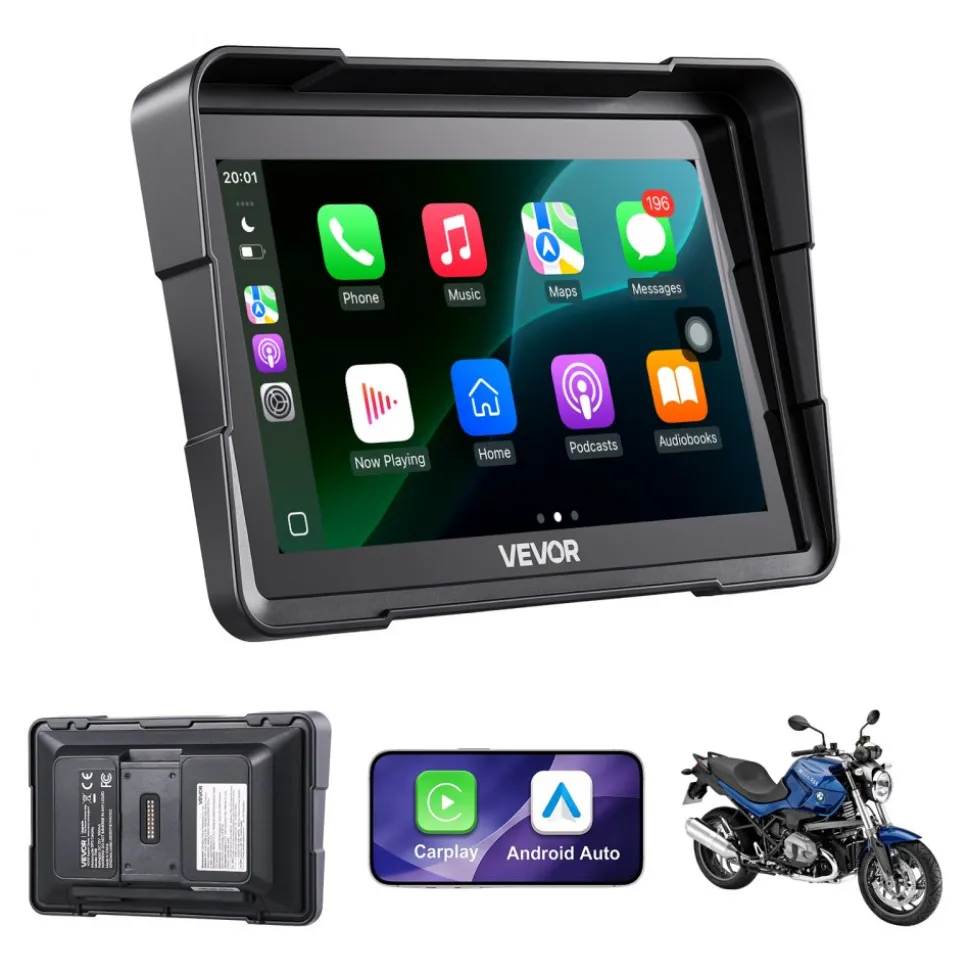 VEVOR 7 Inch Wireless Motorcycle Carplay with Apple Carplay & Android Auto, HD Touchscreen GPS Navigation System with Dual Bluetooth, Siri/Google Voice Assistant, IP67, Compatible with BMW Motorcycles