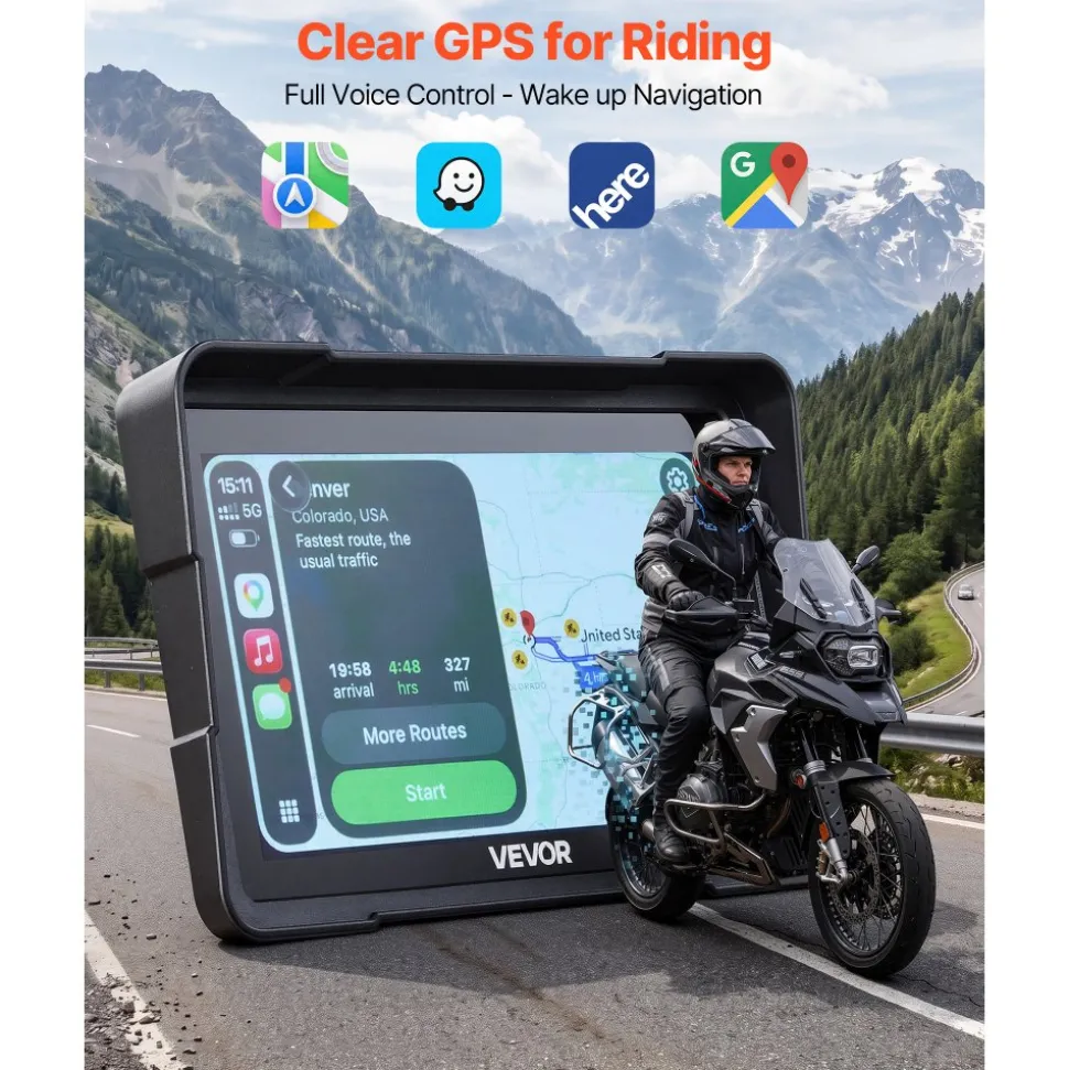 VEVOR 7 Inch Wireless Motorcycle Carplay with Apple Carplay & Android Auto, HD Touchscreen GPS Navigation System with Dual Bluetooth, Siri/Google Voice Assistant, IP67, Compatible with BMW Motorcycles