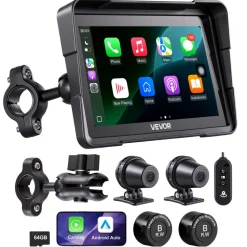 VEVOR 7 Inch Wireless Motorcycle Carplay with Apple Carplay & Android Auto, HD Touchscreen GPS Navigation System with Dual Cameras & Bluetooth, TPMS, Voice Control, 64GB Card - Fits All Motorcycles