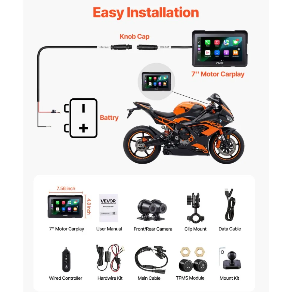 VEVOR 7 Inch Wireless Motorcycle Carplay with Apple Carplay & Android Auto, HD Touchscreen GPS Navigation System with Dual Cameras & Bluetooth, TPMS, Voice Control, 64GB Card - Fits All Motorcycles