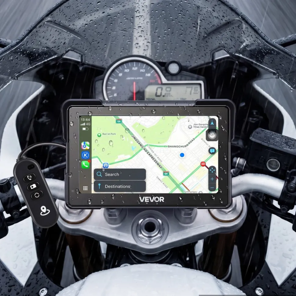 VEVOR 7 Inch Wireless Motorcycle Carplay with Apple Carplay & Android Auto, HD Touchscreen GPS Navigation System with Dual Cameras & Bluetooth, TPMS, Voice Control, 64GB Card - Fits All Motorcycles