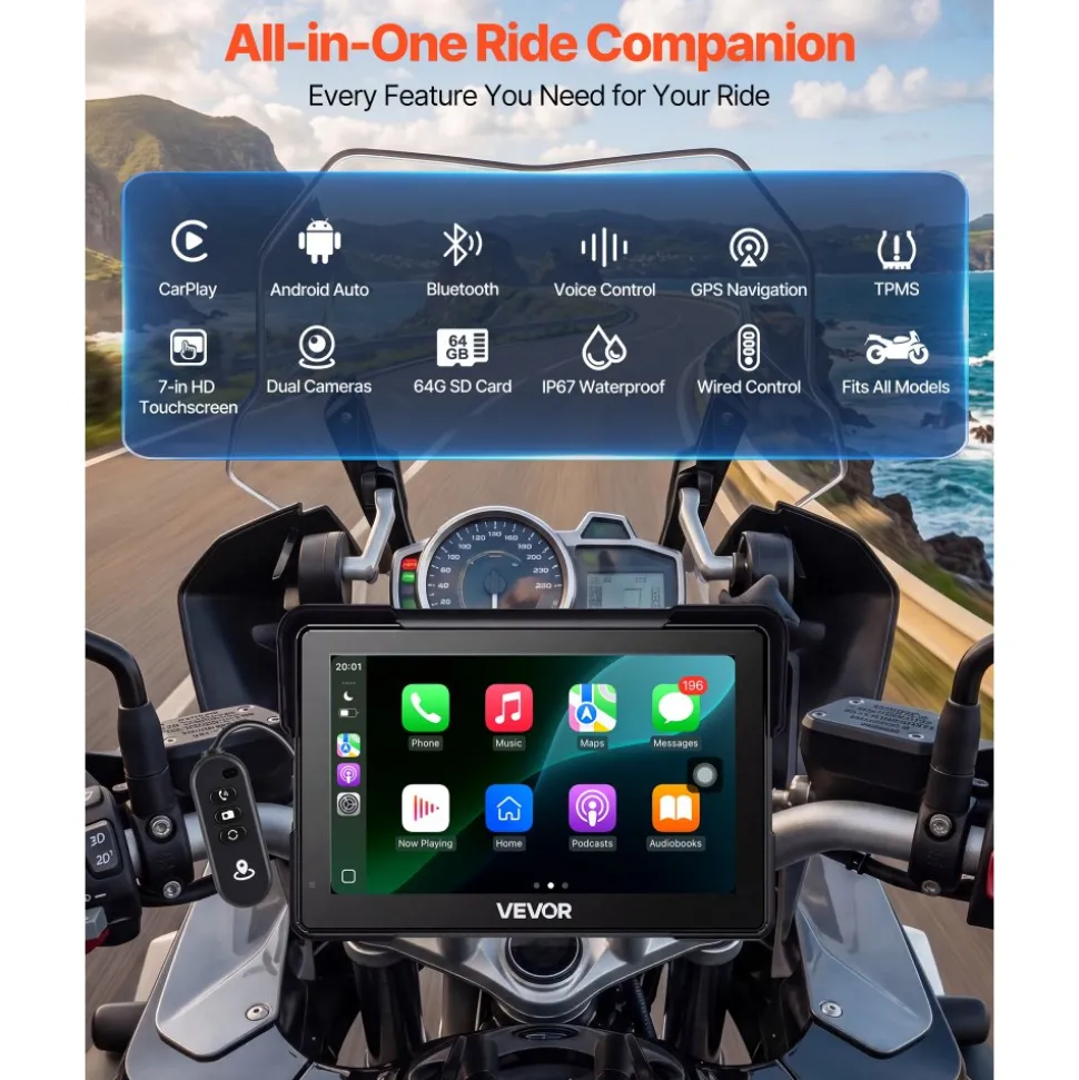 VEVOR 7 Inch Wireless Motorcycle Carplay with Apple Carplay & Android Auto, HD Touchscreen GPS Navigation System with Dual Cameras & Bluetooth, TPMS, Voice Control, 64GB Card - Fits All Motorcycles