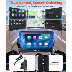 VEVOR 7 Inch Wireless Motorcycle Carplay with Apple Carplay & Android Auto, HD Touchscreen GPS Navigation System with Dual Cameras & Bluetooth, TPMS, Voice Control, 64GB Card - Fits All Motorcycles