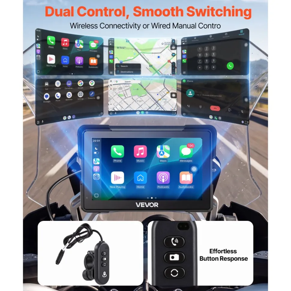 VEVOR 7 Inch Wireless Motorcycle Carplay with Apple Carplay & Android Auto, HD Touchscreen GPS Navigation System with Dual Cameras & Bluetooth, TPMS, Voice Control, 64GB Card - Fits All Motorcycles