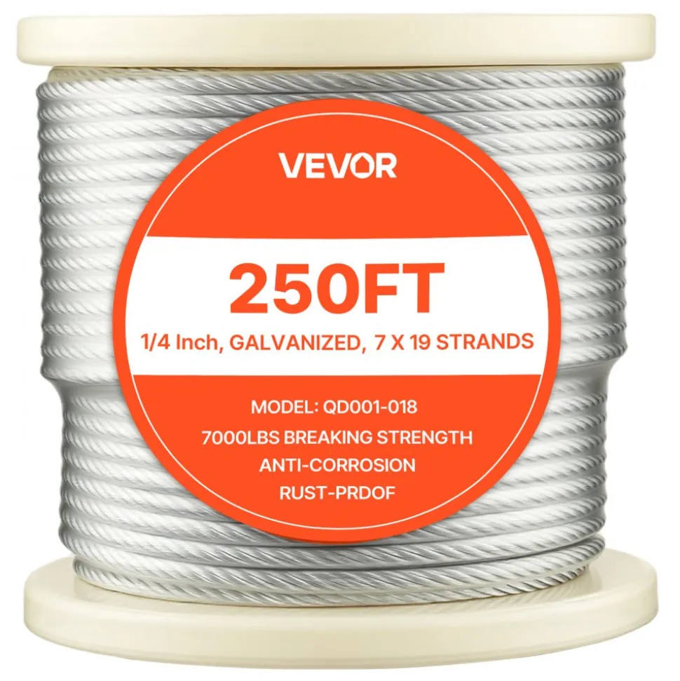 VEVOR 1/4 Inch Wire Rope, 250 ft Length, Zinc Galvanized Carbon Steel Cable with Gloves, 7000 lbs Breaking Strength, 7 x 19 Strands Construction, Wire Cable for Deck Railing System, Garden Trellis