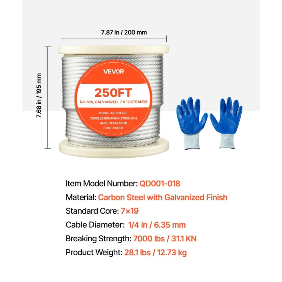 VEVOR 1/4 Inch Wire Rope, 250 ft Length, Zinc Galvanized Carbon Steel Cable with Gloves, 7000 lbs Breaking Strength, 7 x 19 Strands Construction, Wire Cable for Deck Railing System, Garden Trellis