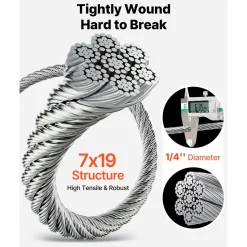 VEVOR 1/4 Inch Wire Rope, 250 ft Length, Zinc Galvanized Carbon Steel Cable with Gloves, 7000 lbs Breaking Strength, 7 x 19 Strands Construction, Wire Cable for Deck Railing System, Garden Trellis